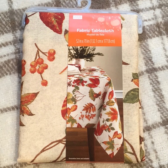 Leaves & Cranberries Fabric Rectangular Tablecloth. 52in x 70in. - Picture 7 of 8